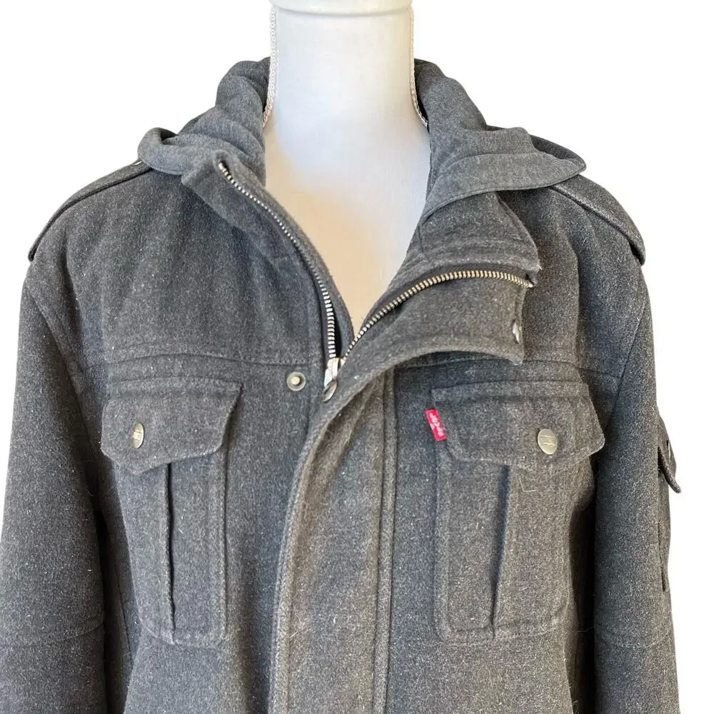Levi's Jacket Coat Men's Large Grey Black Hooded Full Zip Snaps Patch Pockets